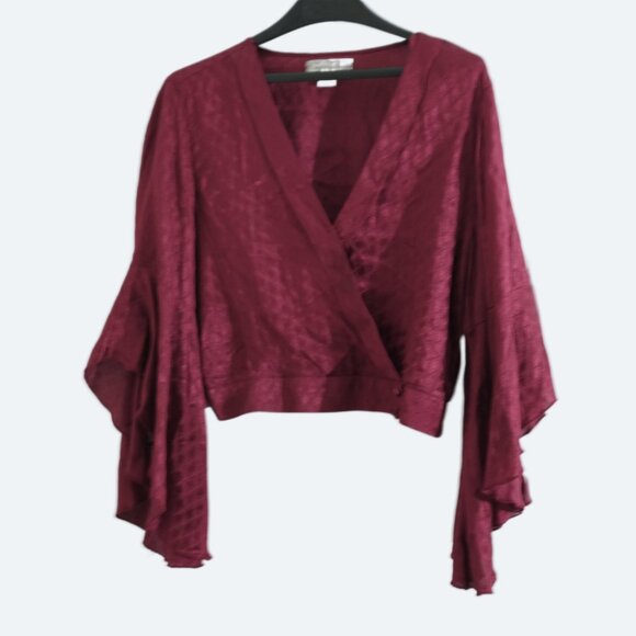 Band of Gypsies Burgundy Satin Wrap Blouse with Flutter Sleeves Size M - Picture 1 of 11